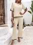 Women Color Block Crew Neck Short Sleeve Comfy Casual Top With Pants Two-Piece Set