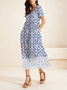 Women Abstract Lace Collar Short Sleeve Comfy Casual Lace Maxi Dress