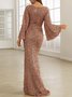 Women Plain V Neck Long Sleeve Glitter Mermaid Hem Prom Maxi Dress