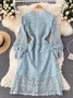 Women Plain Stand Collar Long Sleeve Comfy Casual Lace Midi Dress