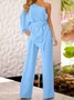 Women Long Sleeve One Shoulder Regular Fit Long Daily Casual Plain Jumpsuits