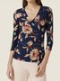 V Neck Three Quarter Sleeve Floral Buckle Regular Regular Fit Shirt For Women