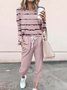 Women Striped Crew Neck Long Sleeve Comfy Casual Top With Pants Two-Piece Set