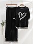 Women Heart/Cordate Crew Neck Short Sleeve Comfy Casual Top With Pants Two-Piece Set
