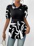 Shawl Collar Short Sleeve Geometric Split Joint Regular Loose Shirt For Women