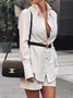 Women Plain Shirt Collar Long Sleeve Comfy Casual Top With Pants Two-Piece Set