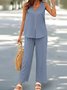 Women Plain V Neck Sleeveless Comfy Casual Buckle Top With Pants Two-Piece Set