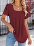 Square Neck Short Sleeve Plain Regular Micro-Elasticity Loose Shirt For Women
