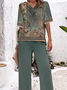 Women Floral V Neck Short Sleeve Comfy Casual Top With Pants Two-Piece Set