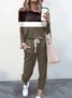 Women Color Block Crew Neck Long Sleeve Comfy Casual Top With Pants Two-Piece Set