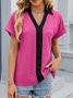 Shawl Collar Short Sleeve Color Block Regular Micro-Elasticity Loose Shirt For Women