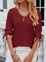 V Neck Long Sleeve Plain Buckle Regular Micro-Elasticity Loose Shirt For Women