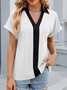 Shawl Collar Short Sleeve Color Block Regular Micro-Elasticity Loose Shirt For Women