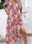 Women Floral V Neck Short Sleeve Comfy Casual Midi Dress