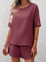 Women Plain Crew Neck Short Sleeve Comfy Casual Top With Pants Two-Piece Set