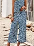 Women Small Floral Crew Neck Sleeveless Comfy Casual Top With Pants Two-Piece Set