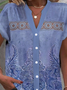 Shirt Collar Short Sleeve Ethnic Patterns Lace Regular Loose Blouse For Women