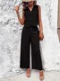 Women Plain V Neck Sleeveless Comfy Casual Top With Pants Two-Piece Set