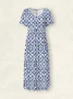 Women Geometric Half Open Collar Short Sleeve Comfy Casual Maxi Dress