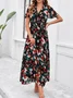 Women Floral V Neck Short Sleeve Comfy Casual Maxi Dress