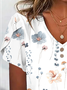 Casual Floral V Neck Short Sleeve T-shirt