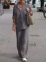 Women Plain Shirt Collar Short Sleeve Comfy Casual Top With Pants Two-Piece Set