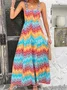 Women Color Block Spaghetti Gallus Comfy Casual Maxi Dress