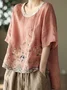 Women Linen Shirt Crew Neck Short Sleeve Floral Regular Loose Blouse