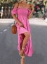 Women Plain Square Neck Short Sleeve Comfy Casual Maxi Dress