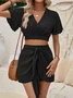 Women Plain V Neck Short Sleeve Comfy Casual Top With Pants Two-Piece Set