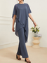 Women Plain V Neck Half Sleeve Comfy Elegant Top With Pants Two-Piece Set