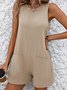 Women Sleeveless Crew Neck Regular Fit Shorts Pocket Stitching Daily Casual Plain Natural Jumpsuit