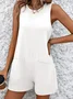 Women Sleeveless Crew Neck Regular Fit Shorts Pocket Stitching Daily Casual Plain Natural Jumpsuit