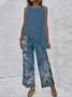 Women Floral Crew Neck Sleeveless Comfy Elegant Irregular Craftsmanship Top With Pants Two-Piece Set