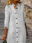 Linen Women Striped Shirt Collar Three Quarter Sleeve Comfy Casual Short Dress