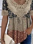 V Neck Short Sleeve Disty Floral Lace Regular Loose Shirt For Women