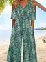 Women Short Sleeve V Neck Loose Long Daily Vacation Small Floral Natural Jumpsuit
