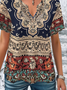 Notched Short Sleeve Ethnic Regular Micro-Elasticity Loose Shirt For Women