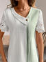 V Neck Short Sleeve Color Block Lace Regular Loose Shirt For Women