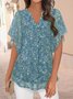 V Neck Short Sleeve Floral Regular Micro-Elasticity Loose Shirt For Women