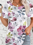 Crew Neck Short Sleeve Floral Regular Loose Shirt For Women