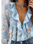 Lotus Leaf Collar Long Sleeve Disty Floral Flouncing Regular Loose Shirt For Women