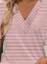 V Neck Short Sleeve Striped Buckle Regular Loose Shirt For Women