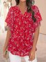 V Neck Short Sleeve Floral Regular Micro-Elasticity Loose Shirt For Women