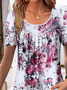 Crew Neck Short Sleeve Floral Buckle Regular Micro-Elasticity Loose Shirt For Women