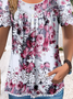 Crew Neck Short Sleeve Floral Buckle Regular Micro-Elasticity Loose Shirt For Women