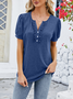 Notched Short Sleeve Plain Buckle Regular Micro-Elasticity Loose Shirt For Women