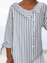 Shawl Collar Three Quarter Sleeve Striped Buckle Regular Loose Shirt For Women