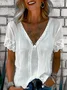 V Neck Short Sleeve Plain Lace Regular Loose Blouse For Women