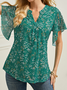 V Neck Short Sleeve Floral Regular Micro-Elasticity Loose Shirt For Women